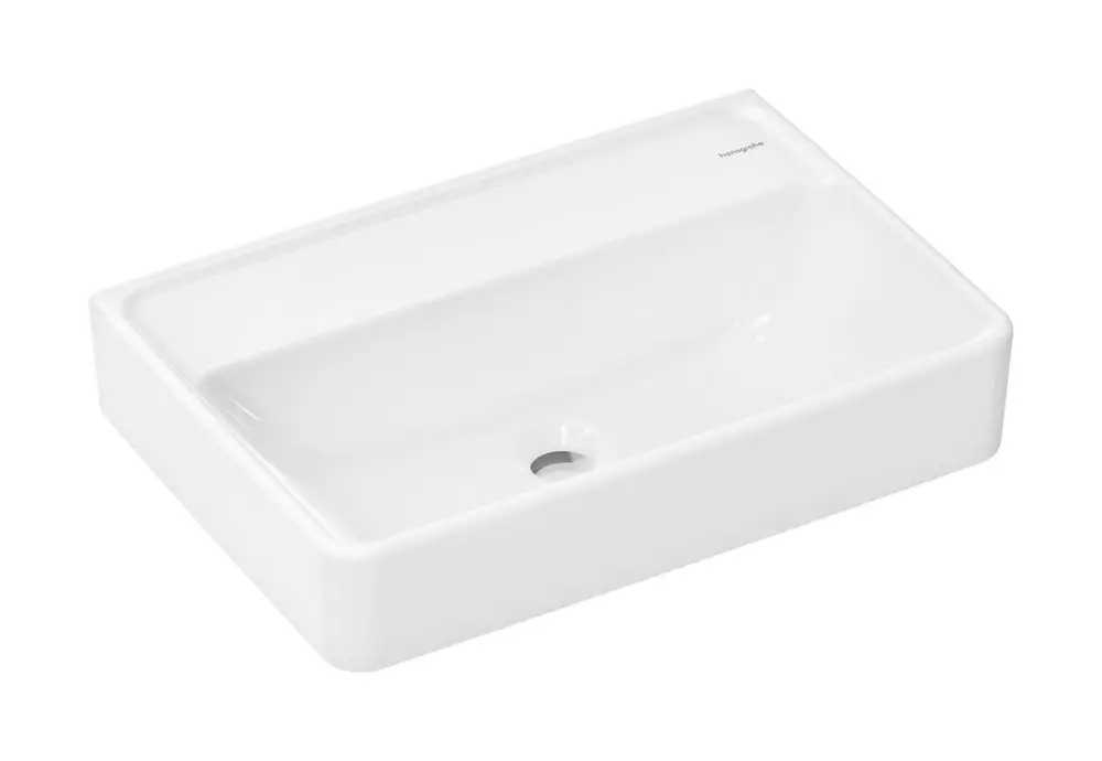 Weißer Waschbecken mit geradem Rand und ohne Hahnloch oder Überlauf, geeignet für Wandmontage. Marke: Hansgrohe.